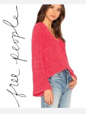 FREE PEOPLE Pink Sand Dune V-Neck Bell Sleeve Knit Pullover Sweater Sz S-M